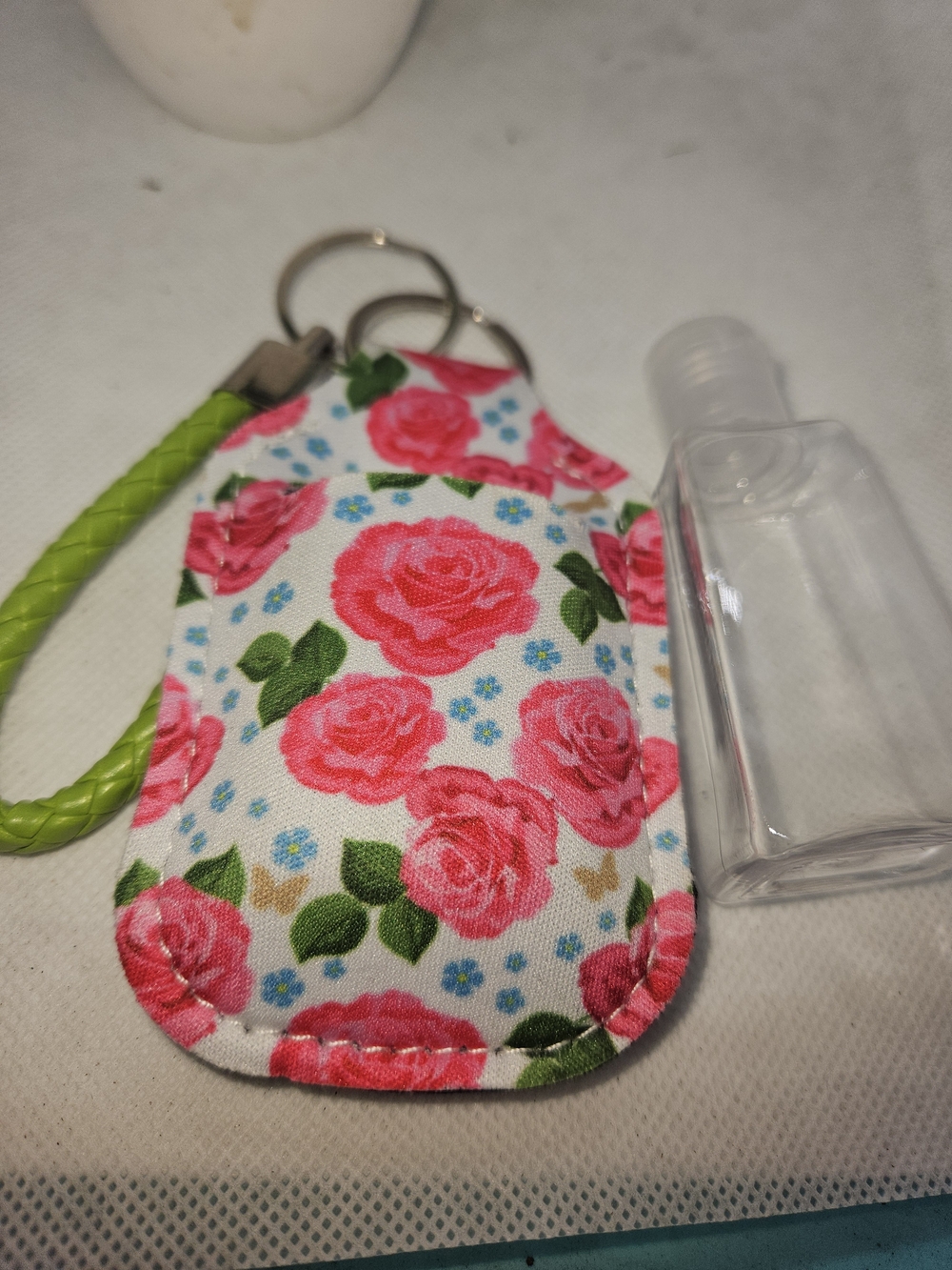 Floral Pink Rose Key & Card Holder with Green Wrist Strap